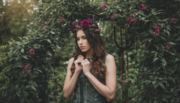 1girl,solo,long hair,looking at viewer,brown hair,hair ornament,dress,bare shoulders,brown eyes,upper body,flower,outdoors,sleeveless,day,hair flower,blurry,black dress,tree,lips,bare arms,sleeveless dress,depth of field,blurry background,rose,wavy hair,ring,own hands together,plant,nature,forest,realistic,nose,head wreath,jewelry,necklace,leaf,hands on own chest