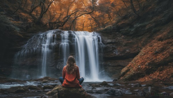 1girl, solo, long hair, brown hair, 1boy, sitting, outdoors, water, from behind, tree, denim, nature, scenery, forest, jeans, facing away, indian style, waterfall