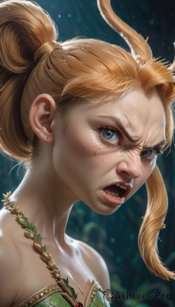 1girl,solo,long hair,breasts,looking at viewer,open mouth,blue eyes,blonde hair,cleavage,bare shoulders,jewelry,collarbone,ponytail,teeth,artist name,necklace,blurry,lips,eyelashes,blood,blurry background,sharp teeth,portrait,angry,freckles,realistic,nose,body freckles,blush,upper body,scar