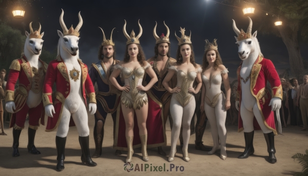 long hair,breasts,looking at viewer,multiple girls,brown hair,gloves,dress,cleavage,jewelry,medium breasts,standing,jacket,braid,boots,outdoors,multiple boys,horns,sky,black footwear,armor,tree,hand on hip,night,6+girls,crown,epaulettes,hands on hips,lineup,large breasts,facial hair,furry,realistic