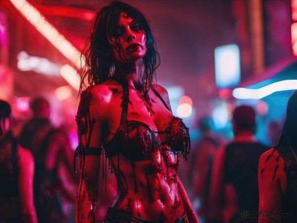 1girl,long hair,breasts,looking at viewer,black hair,navel,cleavage,bare shoulders,medium breasts,underwear,swimsuit,bikini,solo focus,bra,blurry,lips,wet,blood,blurry background,colored skin,blood on face,multiple others,forehead jewel,crowd,nipples,upper body,torn clothes,piercing,nipple piercing,public indecency,exhibitionism,guro