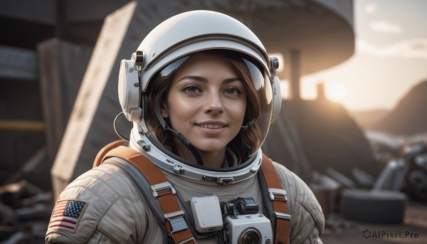 1girl,solo,looking at viewer,smile,brown hair,brown eyes,upper body,sky,teeth,grin,blurry,lips,depth of field,blurry background,helmet,lens flare,science fiction,realistic,sun,american flag,spacecraft,spacesuit,japanese flag,astronaut,outdoors,parted lips,sunlight,portrait,dirty,space helmet