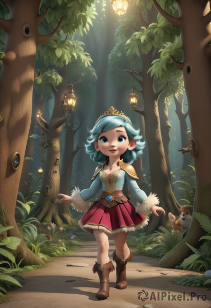 1girl,solo,breasts,looking at viewer,smile,short hair,open mouth,bangs,blue eyes,skirt,long sleeves,jewelry,blue hair,standing,full body,pleated skirt,boots,outdoors,alternate costume,day,belt,necklace,armor,tree,lips,fur trim,aqua hair,swept bangs,red skirt,bird,animal,brown footwear,sunlight,knee boots,grass,tiara,crown,plant,shoulder armor,nature,pendant,forest,pink skirt,walking,pauldrons,light rays,lantern,road,alternate hair color,mushroom,shoulder pads,path,squirrel,leaf,child,sparrow