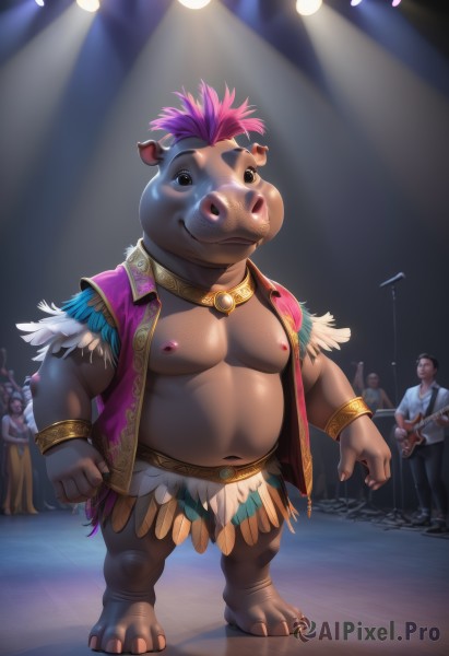 looking at viewer,smile,short hair,shirt,1boy,navel,holding,animal ears,jewelry,closed mouth,nipples,standing,jacket,full body,pink hair,purple hair,male focus,multicolored hair,multiple boys,open clothes,barefoot,solo focus,pants,dark skin,necklace,stomach,black eyes,vest,collar,bracelet,two-tone hair,open jacket,muscular,dark-skinned male,3boys,feathers,pectorals,muscular male,instrument,bara,furry,4boys,plump,music,guitar,light,furry male,belly,bare pectorals,fat,holding instrument,open vest,crowd,fat man,drum,stage,pig,spotlight,stage lights,people,concert,audience,abs,faceless,topless male,faceless male,chest hair,elephant