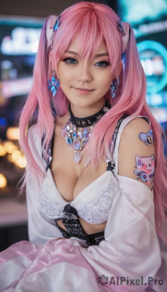 1girl,solo,long hair,breasts,looking at viewer,smile,bangs,blue eyes,hair ornament,cleavage,twintails,jewelry,medium breasts,sitting,underwear,upper body,pink hair,heart,earrings,detached sleeves,choker,necklace,bra,blurry,two side up,lips,tattoo,makeup,blurry background,realistic,nose,neck tattoo,long sleeves,hair between eyes,closed mouth,sleeves past wrists,eyelashes,gem,white bra,shoulder tattoo