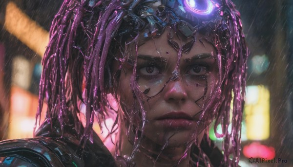 1girl, solo, looking at viewer, brown eyes, closed mouth, dark skin, blurry, lips, wet, blurry background, portrait, science fiction, rain, realistic, nose, android, wet hair, cyborg, cyberpunk