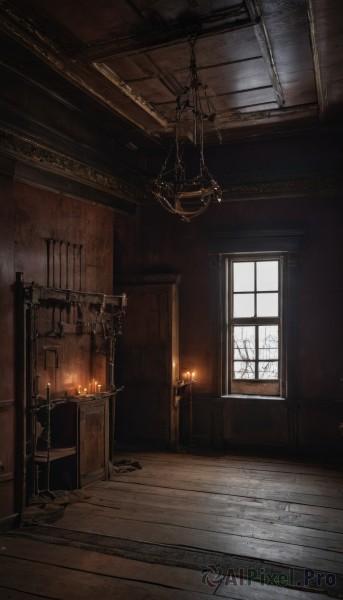 indoors,tree,no humans,window,chain,sunlight,fire,scenery,wooden floor,stairs,door,candle,wall,candlestand,chandelier,fireplace,day,chair