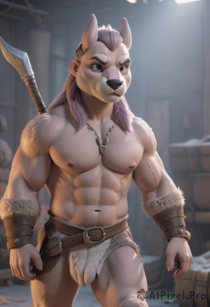 solo,long hair,smile,blue eyes,1boy,navel,animal ears,jewelry,closed mouth,nipples,weapon,male focus,thighs,belt,sword,necklace,stomach,blurry,looking to the side,muscular,blurry background,feet out of frame,facial hair,thick thighs,abs,thick eyebrows,pectorals,muscular male,polearm,bara,pelvic curtain,furry,large pectorals,bulge,topless male,bracer,furry male,body fur,chest hair,loincloth,weapon on back,navel hair,brown fur,leg hair,mohawk,leather belt,tooth necklace,brown hair,cowboy shot,horns,artist name,mask,leather,animal skull