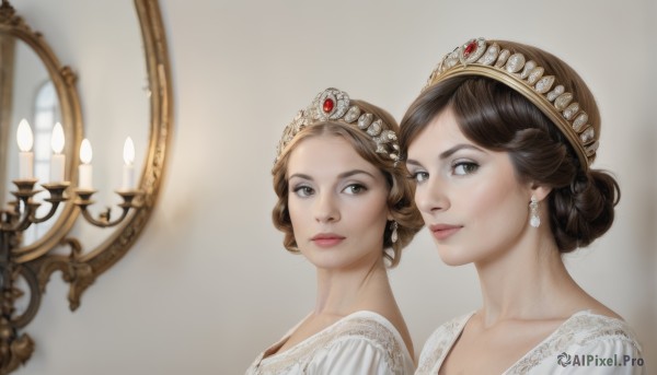 looking at viewer,smile,short hair,multiple girls,brown hair,black hair,dress,2girls,brown eyes,jewelry,closed mouth,collarbone,upper body,earrings,white dress,lips,tiara,crown,portrait,reflection,mirror,realistic,candle,princess,bangs,indoors,hair bun,grey eyes,makeup,single hair bun,gem