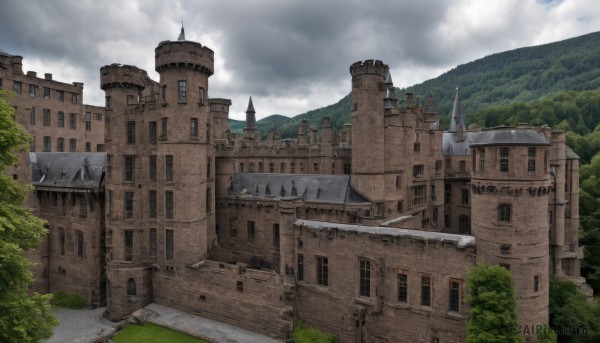 outdoors,sky,day,cloud,tree,no humans,window,cloudy sky,grass,building,nature,scenery,forest,mountain,road,house,castle,tower,landscape,fantasy,architecture,path,arch