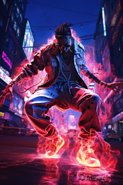 solo,looking at viewer,short hair,shirt,black hair,1boy,jewelry,standing,jacket,full body,male focus,outdoors,open clothes,sky,shoes,pants,necklace,blurry,open jacket,blood,tattoo,mask,night,blurry background,glowing,fire,spiked hair,ground vehicle,building,sneakers,glowing eyes,motor vehicle,city,mouth mask,car,aura,red pants,street,cyberpunk,neon lights,black shirt,headband,white jacket,red jacket,road,cable