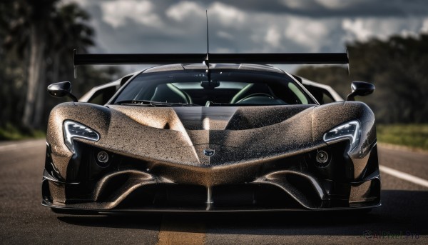 solo,outdoors,sky,cloud,blurry,tree,no humans,depth of field,blurry background,cloudy sky,ground vehicle,motor vehicle,car,road,vehicle focus,wheel,sports car,steering wheel,day,realistic