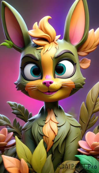 1girl,solo,looking at viewer,blush,smile,open mouth,blue eyes,simple background,animal ears,green eyes,upper body,flower,artist name,signature,gradient,gradient background,eyelashes,:3,leaf,happy,bug,plant,furry,pink flower,purple background,furry female,body fur,animal nose,whiskers,teeth,rabbit ears,no humans,animal,watermark,pink background,freckles,rabbit,buck teeth