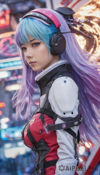 1girl,solo,long hair,breasts,looking at viewer,bangs,long sleeves,medium breasts,blue hair,upper body,purple hair,multicolored hair,parted lips,blurry,black eyes,from side,two-tone hair,lips,grey eyes,depth of field,blurry background,headgear,headphones,zipper,headset,realistic,nose,hair ornament,closed mouth,science fiction