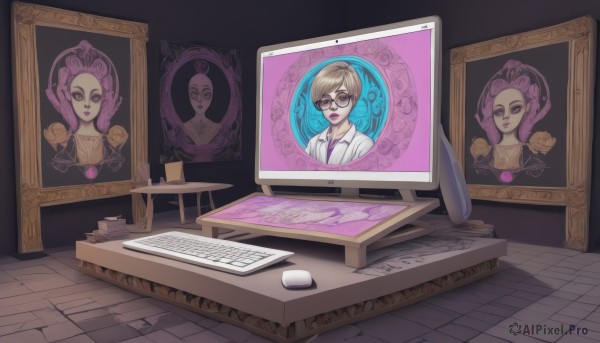 1girl,solo,looking at viewer,short hair,bangs,blonde hair,brown hair,shirt,jewelry,sitting,closed mouth,white shirt,purple hair,necktie,glasses,collared shirt,indoors,makeup,chair,table,lipstick,desk,paper,round eyewear,labcoat,computer,portrait (object),brown eyes,lips,black background,monitor,laptop,keyboard (computer),mouse (computer)