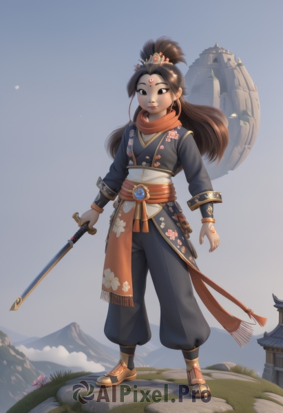 1girl,solo,long hair,looking at viewer,smile,brown hair,black hair,hair ornament,long sleeves,holding,brown eyes,jewelry,closed mouth,standing,full body,weapon,flower,earrings,outdoors,sky,pants,sword,scarf,holding weapon,black eyes,lips,sash,makeup,facial mark,holding sword,black pants,floral print,katana,sheath,red scarf,mountain,forehead mark,architecture,forehead jewel,east asian architecture,topknot,mountainous horizon,orange scarf,grass,scenery