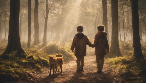 short hair,black hair,long sleeves,standing,jacket,male focus,boots,outdoors,multiple boys,day,pants,hood,2boys,from behind,tree,coat,holding hands,siblings,animal,sunlight,hood down,grass,child,nature,scenery,forest,backlighting,walking,dog,light rays,facing away,male child,brothers,path