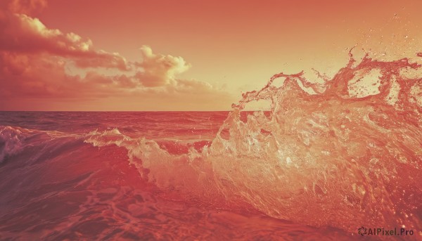 monochrome,outdoors,sky,cloud,water,tree,dutch angle,no humans,ocean,beach,cloudy sky,scenery,sunset,sand,horizon,red theme,waves,orange sky,orange theme,red sky,splashing