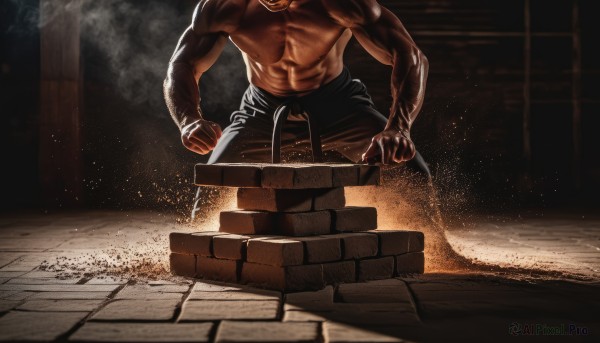 solo,1boy,standing,male focus,pants,muscular,black pants,abs,fire,pectorals,muscular male,clenched hands,veins,topless male,head out of frame,manly,embers,dust,stone floor,wood,holding,weapon,dark skin,holding weapon,knife,clenched hand,smoke,holding knife,brick wall,brick floor