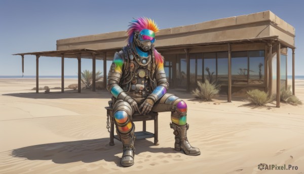 solo,gloves,1boy,sitting,ponytail,pink hair,male focus,multicolored hair,boots,outdoors,sky,day,armor,blue sky,mask,ocean,chair,beach,goggles,1other,sand,bench,knee pads,stool,ambiguous gender,gas mask,blue hair,full body,official alternate costume,shadow,chain,grey gloves