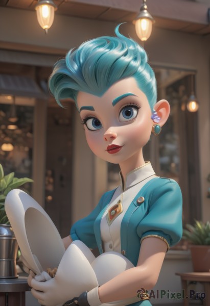 1girl,solo,breasts,looking at viewer,smile,short hair,blue eyes,gloves,dress,holding,jewelry,blue hair,upper body,short sleeves,earrings,puffy sleeves,shiny,artist name,indoors,white gloves,blurry,puffy short sleeves,lips,eyelashes,makeup,blurry background,plant,lipstick,brooch,gem,headwear removed,hat removed,red lips,potted plant,fingerless gloves,aqua hair,tray,lamp