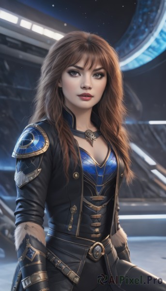 1girl,solo,long hair,breasts,looking at viewer,brown hair,gloves,cleavage,brown eyes,jewelry,medium breasts,sitting,jacket,parted lips,belt,pants,necklace,armor,blurry,lips,coat,black jacket,fur trim,makeup,blurry background,black pants,lipstick,gauntlets,buckle,belt buckle,realistic,nose,red lips,leather,bangs,braid,small breasts,open clothes,artist name,grey eyes