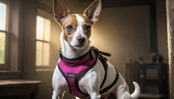 HQ,solo,looking at viewer,brown eyes,indoors,blurry,vest,collar,no humans,window,depth of field,blurry background,animal,dog,realistic,door,animal focus,upper body,chair,table,animal collar,clothed animal