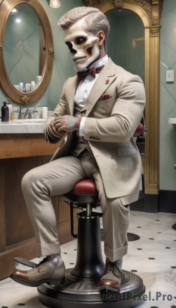 solo,looking at viewer,red eyes,gloves,long sleeves,1boy,bow,jewelry,sitting,jacket,full body,white hair,male focus,earrings,shoes,pants,indoors,signature,bowtie,tattoo,facial hair,formal,own hands together,suit,colored sclera,reflection,skull,mirror,black sclera,stool,traditional bowtie,tuxedo,white suit,shirt,white shirt,white gloves,red bow,black bow,chair,brown footwear,bottle,red bowtie,interlocked fingers,watch,wristwatch,skeleton,statue,crack,horror (theme),different reflection