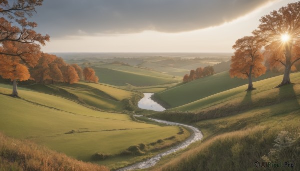 outdoors,sky,day,cloud,water,tree,no humans,cloudy sky,grass,nature,scenery,sunset,mountain,road,field,river,landscape,path,hill,blue sky,sunlight,forest,sun,horizon,bush