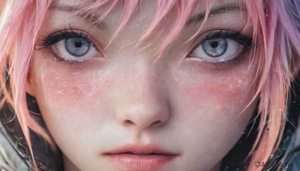 1girl,solo,looking at viewer,blush,short hair,bangs,blue eyes,closed mouth,pink hair,lips,wet,eyelashes,portrait,close-up,reflection,realistic,nose,eye focus,hair between eyes,artist name,water,grey eyes,expressionless,freckles,water drop,straight-on