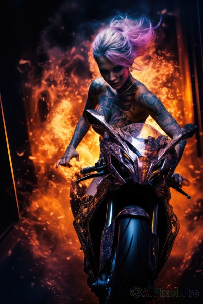 1girl,solo,long hair,breasts,looking at viewer,blue eyes,ponytail,pink hair,white hair,multicolored hair,two-tone hair,lips,tattoo,eyepatch,fire,ground vehicle,motor vehicle,arm tattoo,motorcycle,bare shoulders,jewelry,medium breasts,earrings,dark skin,dark-skinned female,makeup,lipstick,smoke,cigarette,smoking,facial tattoo,embers