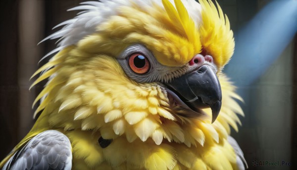 HQ,solo,looking at viewer,red eyes,upper body,wings,teeth,blurry,pokemon (creature),no humans,bird,animal,feathers,portrait,colored sclera,realistic,animal focus,beak,open mouth,closed mouth