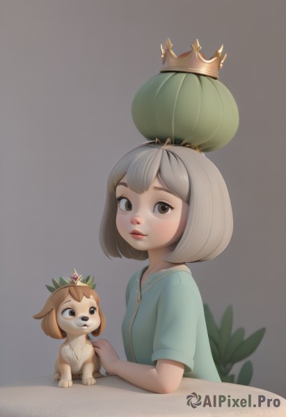 1girl,solo,looking at viewer,blush,smile,short hair,bangs,simple background,brown hair,shirt,brown eyes,closed mouth,upper body,short sleeves,grey hair,artist name,grey background,from side,lips,animal,table,bob cut,crown,blue shirt,child,personification,freckles,dog,female child,humanization,multiple girls,2girls,animal ears,sitting,looking at another,black eyes,plant,dog ears,furry,nose,green shirt,furry female