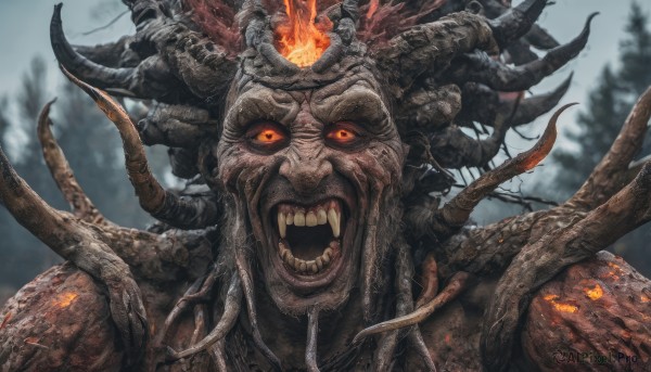 solo,looking at viewer,open mouth,red eyes,outdoors,horns,teeth,blurry,tree,orange eyes,no humans,blurry background,glowing,fangs,fire,sharp teeth,portrait,glowing eyes,1other,spikes,colored sclera,monster,black sclera,1boy,male focus,nature,antlers,bare tree,horror (theme)