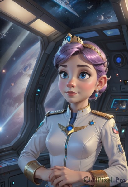 1girl,solo,breasts,blush,smile,short hair,blue eyes,long sleeves,jewelry,medium breasts,closed mouth,upper body,pink hair,purple hair,earrings,small breasts,artist name,signature,star (symbol),uniform,dated,lips,military,military uniform,makeup,watermark,own hands together,tiara,crown,lipstick,gem,star (sky),web address,freckles,science fiction,realistic,aircraft,nose,space,badge,planet,earth (planet),spacecraft,spacesuit,astronaut,epaulettes