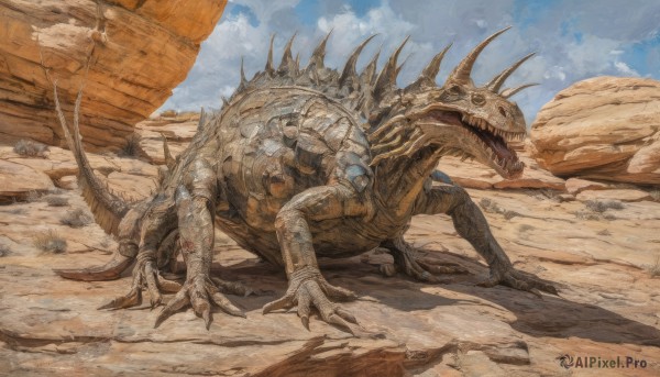 open mouth,tail,outdoors,horns,sky,teeth,day,cloud,blue sky,no humans,sharp teeth,claws,spikes,monster,rock,fantasy,sand,dragon,desert,dust,dinosaur,solo,realistic