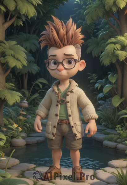 solo,looking at viewer,smile,brown hair,shirt,long sleeves,1boy,brown eyes,jewelry,closed mouth,standing,jacket,full body,male focus,multicolored hair,outdoors,open clothes,shoes,glasses,shorts,belt,necklace,tree,night,buttons,brown footwear,cardigan,grass,plant,spiked hair,child,nature,forest,black-framed eyewear,rock,green shirt,male child,mushroom,brown shorts,blue eyes,artist name,water,open jacket,sneakers,lantern,mohawk,moss