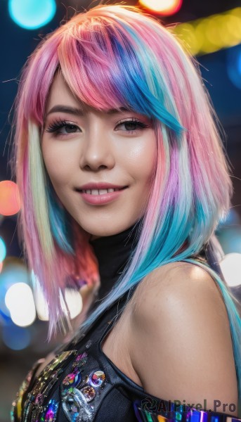 1girl,solo,looking at viewer,smile,short hair,bangs,bare shoulders,brown eyes,blue hair,upper body,pink hair,multicolored hair,teeth,sleeveless,grin,blurry,black eyes,two-tone hair,lips,looking to the side,gradient hair,makeup,blurry background,watermark,web address,realistic,nose,rainbow hair,shirt,jewelry,parted lips,artist name,medium hair,necklace,from side,eyelashes,depth of field,swept bangs,turtleneck,freckles,bokeh