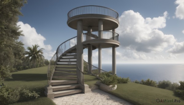 outdoors,sky,day,cloud,water,tree,blue sky,no humans,ocean,beach,cloudy sky,grass,plant,scenery,stairs,palm tree,horizon,bench,bush,nature,sand,shore