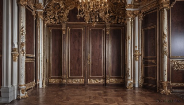 indoors,no humans,window,sunlight,scenery,stairs,door,candle,architecture,pillar,carpet,arch,candlestand,column,chair,wooden floor,painting (object),reflective floor,chandelier