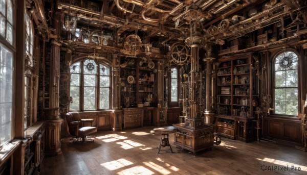 day,indoors,tree,book,no humans,window,chair,table,sunlight,scenery,desk,light rays,wooden floor,stairs,door,clock,bookshelf,lamp,book stack,gears,library,globe,steampunk,shadow,candle,stool,candlestand,chandelier,window shade