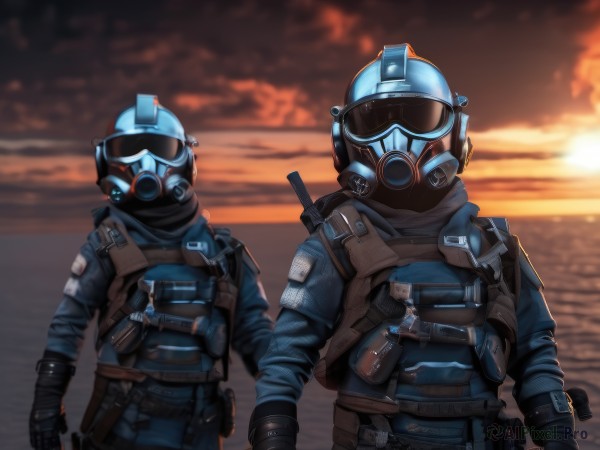 gloves,long sleeves,jacket,upper body,weapon,male focus,outdoors,multiple boys,sky,black gloves,belt,cloud,2boys,armor,uniform,gun,military,military uniform,mask,blurry background,helmet,knife,goggles,rifle,handgun,sunset,pouch,sun,assault rifle,holster,police,police uniform,twilight,gas mask,sunrise,holstered weapon,tactical clothes,bulletproof vest,walkie-talkie,1boy,ocean,blue jacket,1other,ambiguous gender,load bearing vest