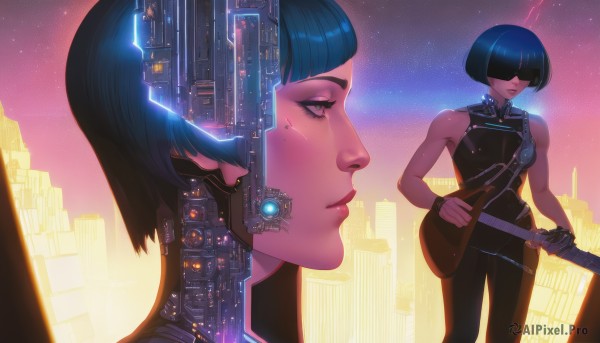 1girl,solo,short hair,bangs,black hair,gloves,holding,blue hair,weapon,sky,sleeveless,pants,sword,blunt bangs,fingerless gloves,mole,lips,mole under eye,profile,makeup,multiple views,bob cut,sheath,instrument,star (sky),starry sky,science fiction,sheathed,city,nose,guitar,cityscape,mechanical arms,cyborg,electric guitar,cyberpunk,hologram,blue eyes,bare shoulders,standing,dark skin,from side,eyelashes,glowing,lipstick,eyeshadow,backlighting,sunset,music,cable,covered eyes,playing instrument,holding instrument,neon trim