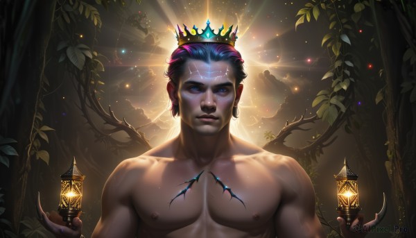 solo,looking at viewer,smile,short hair,blue eyes,black hair,1boy,holding,jewelry,closed mouth,nipples,blue hair,collarbone,upper body,pink hair,male focus,multicolored hair,earrings,outdoors,artist name,two-tone hair,tree,fingernails,tattoo,muscular,glowing,leaf,facial mark,piercing,abs,sunlight,thick eyebrows,crown,pectorals,plant,muscular male,nature,bara,glowing eyes,forest,large pectorals,veins,topless male,light rays,lantern,realistic,light,manly,biceps,purple hair,nude,scar