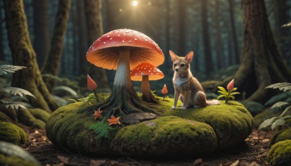 outdoors,day,blurry,tree,no humans,depth of field,blurry background,animal,sunlight,grass,plant,nature,scenery,forest,light rays,rock,mushroom,animal focus,moss,signature,leaf,realistic,autumn leaves,sunbeam,autumn,fox,squirrel