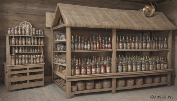 indoors,no humans,bottle,scenery,alcohol,wooden floor,shelf,wine bottle,jar,shop,bar (place),barrel,crate,artist name,signature,box,fantasy,clock,wooden wall