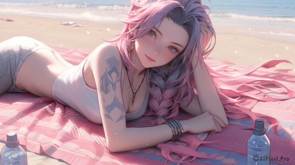 1girl,solo,long hair,breasts,looking at viewer,blush,smile,shirt,cleavage,bare shoulders,jewelry,medium breasts,closed mouth,white shirt,pink hair,purple hair,ass,braid,earrings,outdoors,lying,sleeveless,day,midriff,pants,water,necklace,bracelet,lips,crop top,grey eyes,bare arms,sleeveless shirt,single braid,tattoo,ocean,beach,tank top,bottle,on stomach,towel,hair over shoulder,hoop earrings,sand,shade,arm tattoo,hand on own head,water bottle,beach towel,large breasts,very long hair,swimsuit,bikini,alternate costume,sunlight,denim,forehead,hand in own hair,jeans,butt crack,bangle,white tank top