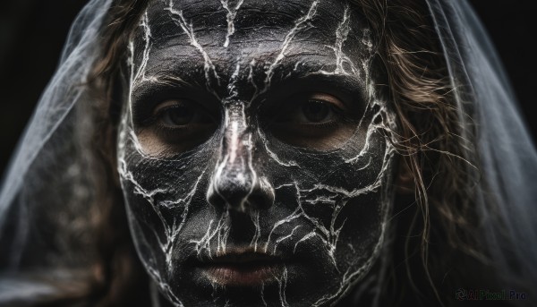 1girl,solo,long hair,looking at viewer,blonde hair,simple background,brown hair,1boy,brown eyes,closed mouth,male focus,blurry,black eyes,lips,mask,black background,portrait,veil,reflection,realistic,glass,crack,broken glass,close-up,bridal veil