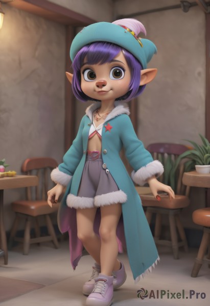 1girl,solo,looking at viewer,smile,short hair,bangs,skirt,long sleeves,hat,brown eyes,jewelry,closed mouth,standing,full body,purple hair,open clothes,shoes,pointy ears,belt,indoors,dark skin,necklace,star (symbol),nail polish,blurry,dark-skinned female,coat,fur trim,chair,table,ring,plant,sneakers,child,red nails,pendant,grey skirt,blue headwear,freckles,open coat,female child,potted plant,lamp,purple footwear,stool,long coat,blue coat,green coat,collarbone,shorts,artist name,flat chest,lips,watermark,bob cut,walking,purple headwear,fur-trimmed sleeves,fur-trimmed coat,no socks,lalafell