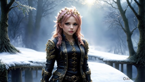 HQ,1girl,solo,long hair,breasts,looking at viewer,blue eyes,blonde hair,hair ornament,long sleeves,jewelry,medium breasts,closed mouth,upper body,pink hair,outdoors,open clothes,belt,artist name,signature,necklace,blurry,tree,lips,coat,eyelashes,makeup,depth of field,watermark,wavy hair,sunlight,crown,lipstick,nature,snow,forest,backlighting,gold trim,light rays,snowing,realistic,nose,fence,arms at sides,railing,red lips,winter,bare tree